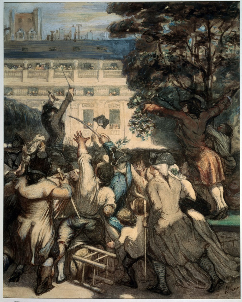 "" كميل ديسمولان (1760-1794) يداعب الوطنيين في حدائق القصر الملكي "" المشهد الأول للثورة الفرنسية في باريس: في 1789/7/12 ، بعد إقالة الملك جاك نيكر ، كميل ديسمولان يخنق الحشد في القصر الملكي بواسطة الشرف دومييه
