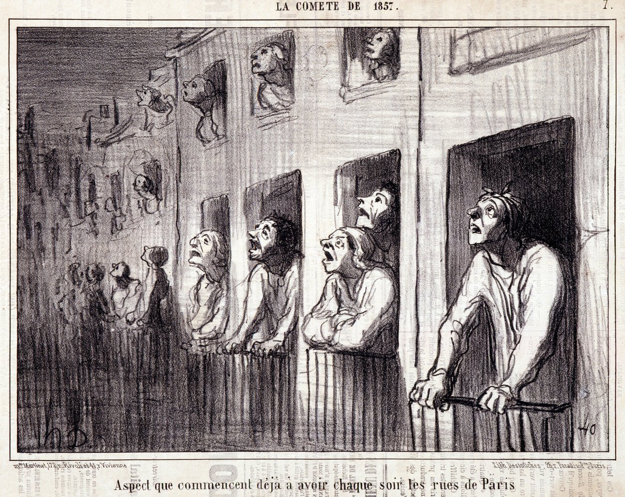 كارتون عن العلم. Serie Sur "" la Comete de 1857 "": "" الجانب الذي يبدأ بالفعل في الظهور كل ليلة في شوارع باريس "". نقش هونور داوميير (1808-1879). مقتطف من جريدة "لو شريفاري". خافت 38x25 سم. Inv D - box 7 م بواسطة الشرف دومييه