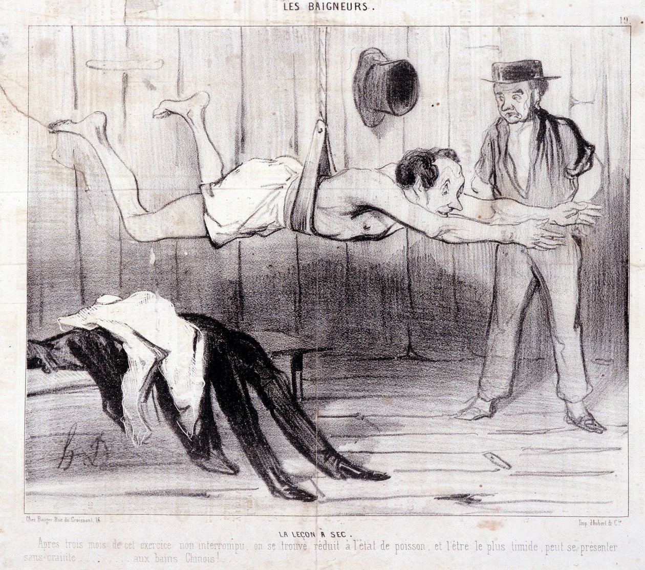 كارتون عن السياح في إجازة. سلسلة "" Les Baigneurs "": "" La lecon a dry "" ". سلسلة "" Les Baigneurs "": "" La lecon a dry "" ". نقش هونور داوميير (1808-1879). مقتطف  بواسطة الشرف دومييه