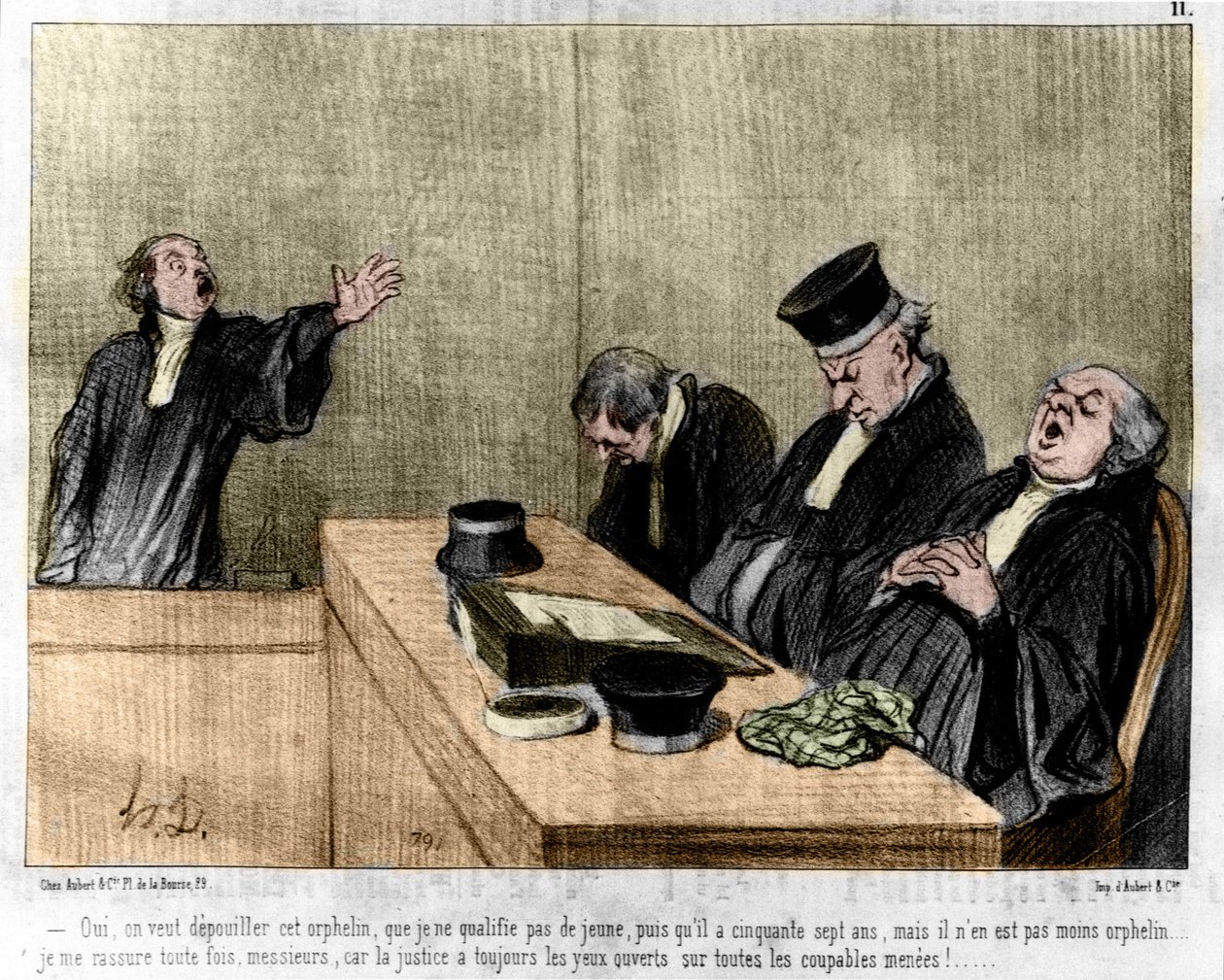 رسم كاريكاتوري لدومييه: مسلسل "" Les Gens de Justice "" نُشر في "" Charivari "بتاريخ 15/8/1845. محام يترافع في المحكمة نائما. بواسطة الشرف دومييه