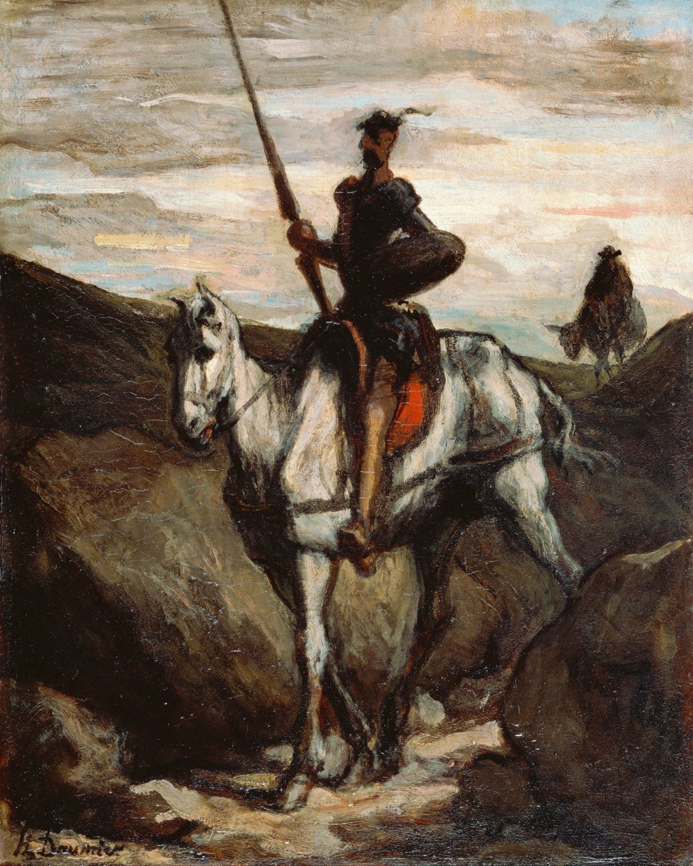 "" دون كيشوت في الجبال "(دون كيشوت في الجبال) لوحة رسمها هونوري دومير (1808-1879) حوالي عام 1850 - زيت على خشب خافت 39.6 × 31.2 سم متحف بريدجستون للفنون بواسطة الشرف دومييه