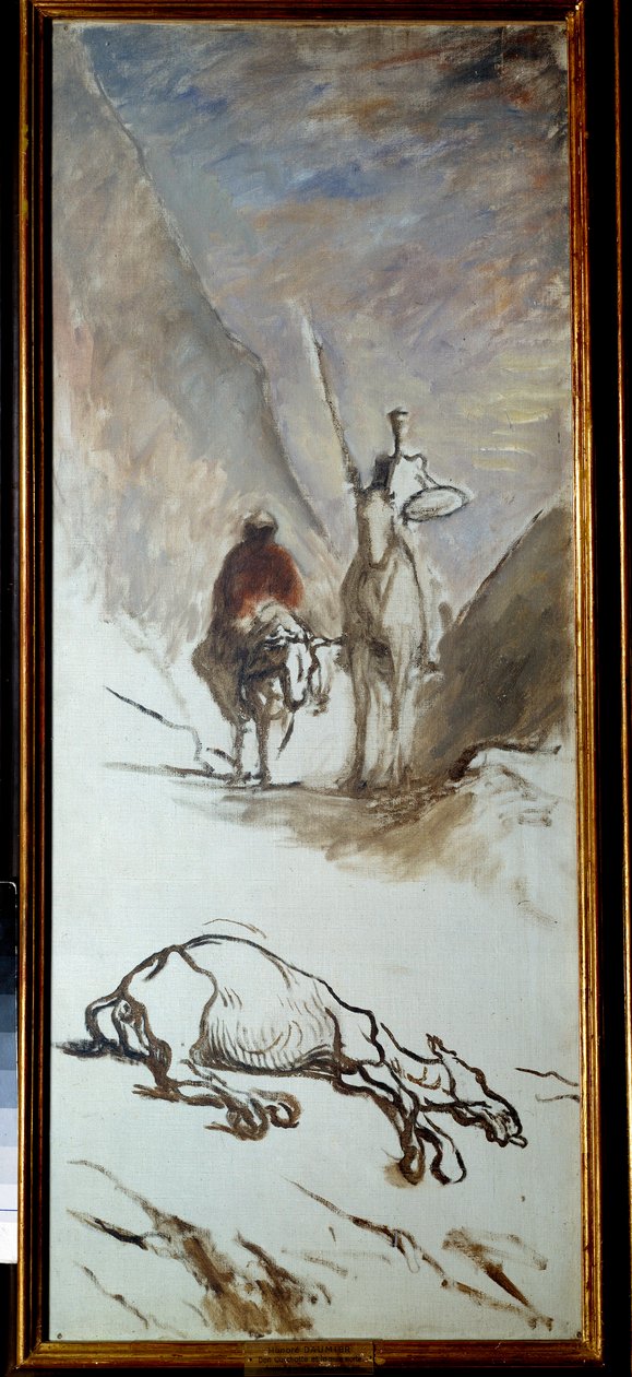 رسم دون كيشوت والبغل الميت من رواية ميغيل سيرفانتس "دون كيشوت دي لا مانشا" (El ingenioso Hidalgo Don Quijote de la Mancha). اللوحة التي رسمها هونور دومير (1808-1879). القرن التاسع عشر. 1،32x0،54 م. بواسطة الشرف دومييه