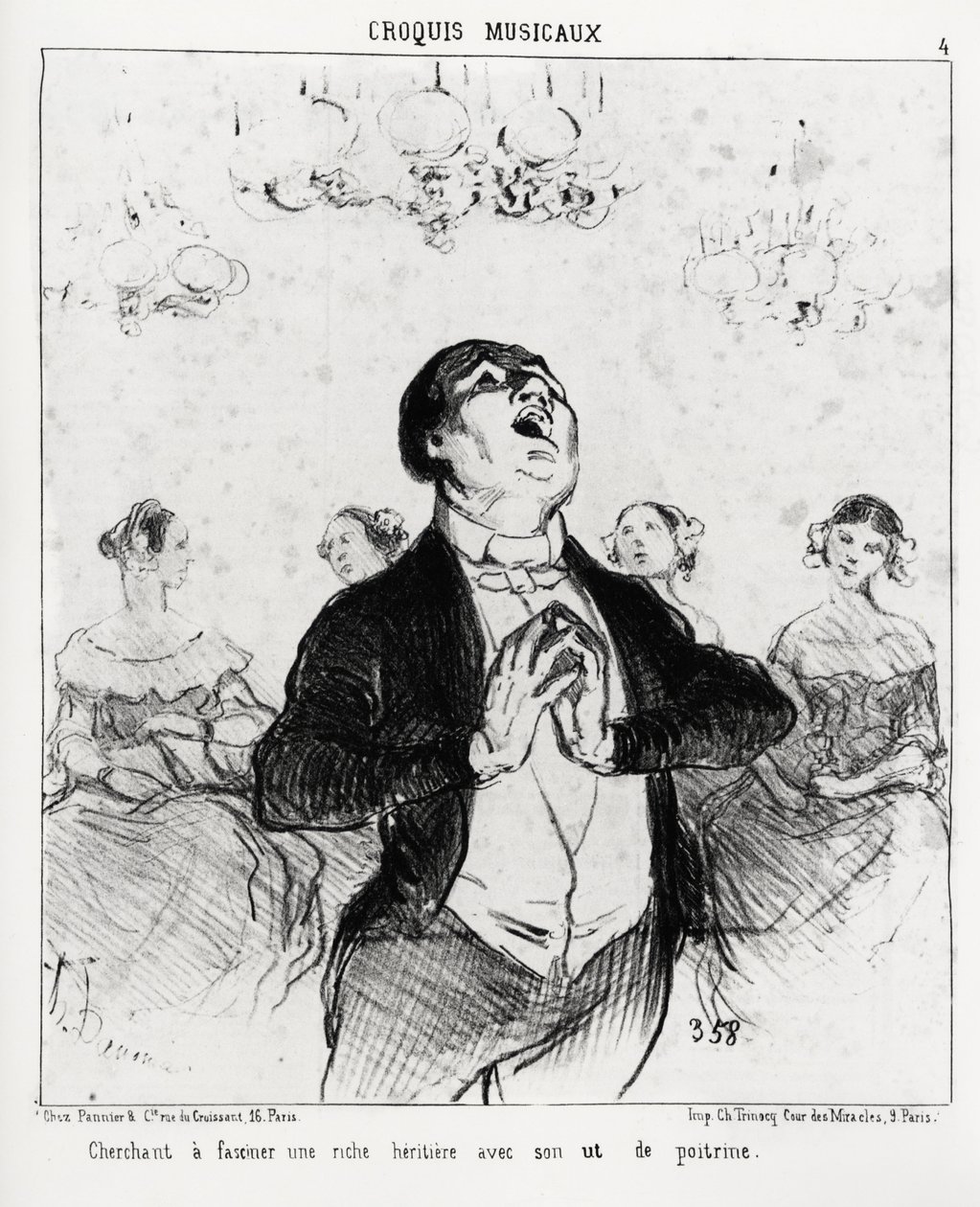 اسكتشات موسيقية: تتطلع إلى إبهار الحاضرين الثريين بصدرها. إيضاح هونور دومير (1808-1879) ، نُشر في "Charivari" ، بتاريخ ١٤ فبراير ١٨٥٢. بواسطة الشرف دومييه
