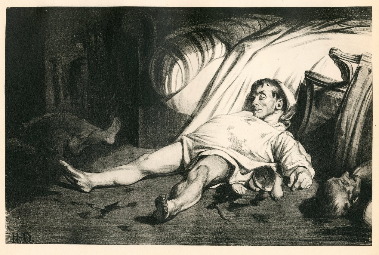 مائة وعشرون مطبوعة حجرية لـ H. Daumier ، Satirique في N & B ، حوالي عام 1834: Massacre de la rue Transnonain (باريس) - جمهوري ، جثث ميتة ، قمع - رسم توضيحي لـ Honore Daumier (1808-1879) بواسطة الشرف دومييه