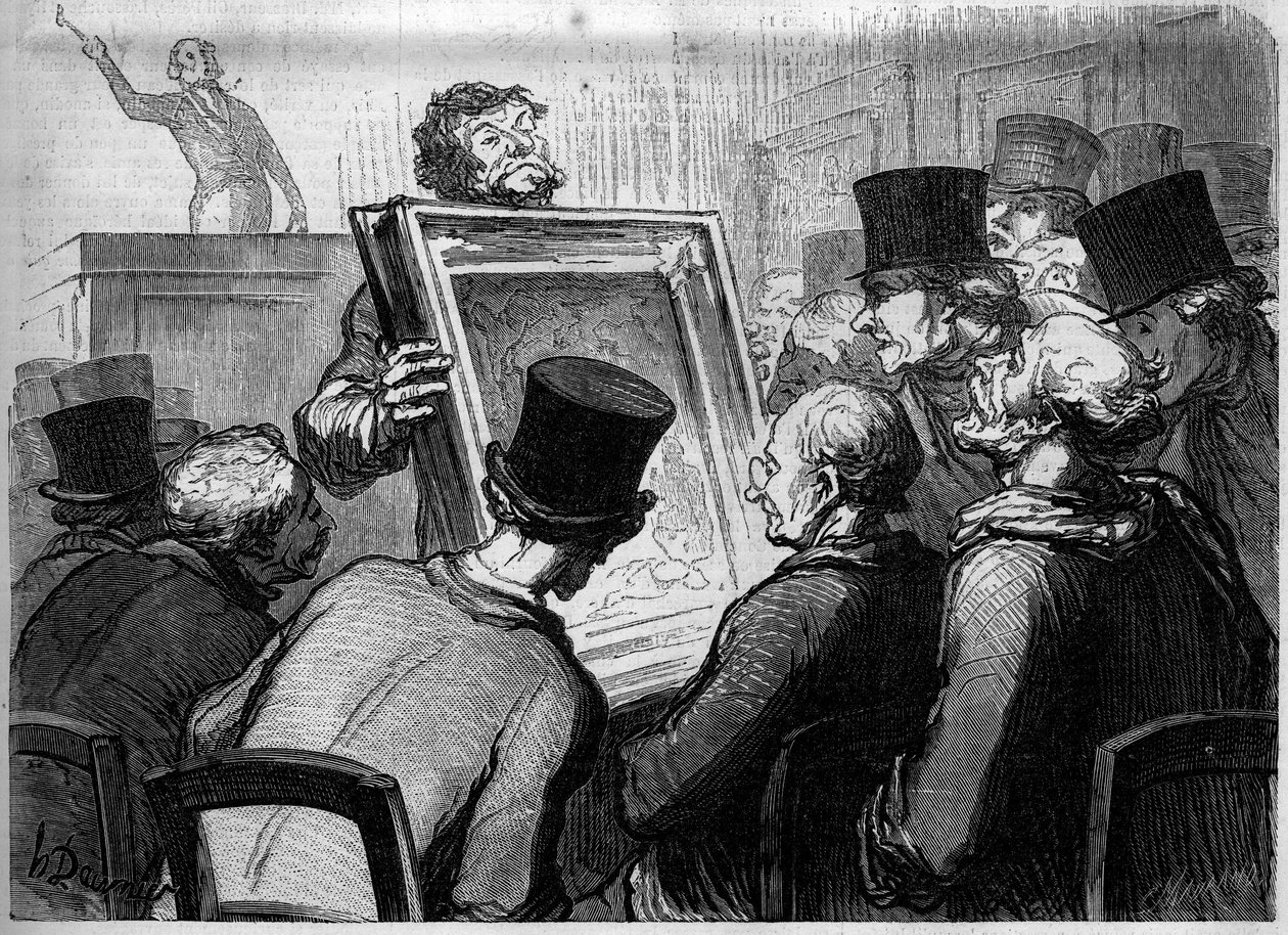 عشاق الرسم في فندق بويون. رسم كاريكاتوري لأونور دومييه (1808-1879). نقش في "Le Monde Illustré" عدد 250 بتاريخ 25 يناير بواسطة الشرف دومييه