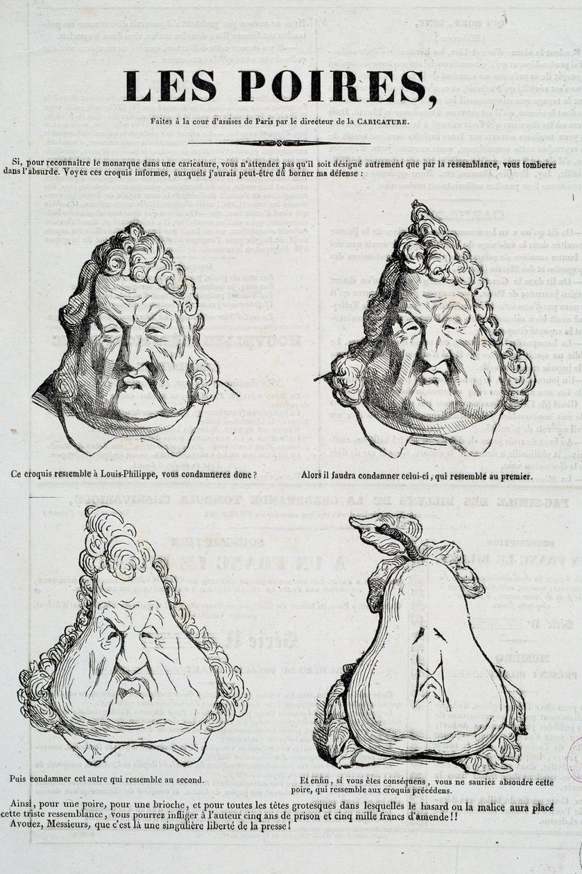 الكمثرى: كاريكاتير يمثل تحولا لوجه لويس فيليب في الكمثرى. رسم بواسطة Honore Daumier (1808-1879) بعد الرسم الأصلي الذي رسمه تشارلز فيليبون (1806-1862) "" La Caricature "، يناير 1832 ، باريس ، متحف كارنافالي بواسطة الشرف دومييه