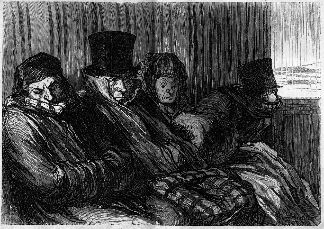 قطارات المتعة: 10 درجات من الملل والمزاج السيئ. كارتون من قبل هونور دومير (1808-1879). نقش في "" Le Monde Illustré "" رقم 249 بتاريخ 18 يناير بواسطة الشرف دومييه