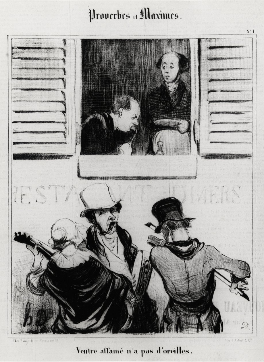 أمثال وقول: البطن الجائع ليس له أذنان. رسم توضيحي من قبل هونور دومير (1808-1879). رسوم كاريكاتورية من القرن التاسع عشر ، متحف كارنافالي ، باريس. بواسطة الشرف دومييه
