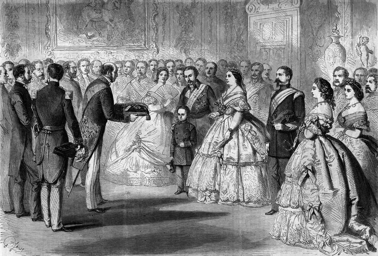 حصلت الملكة إيزابيلا الثانية ملكة إسبانيا (إيزابيلا من بوربون) (1830-1904) على وسام جوقة الشرف العظيم باسم ابنها أمير أستورياس. الحاضرون هم: نابليون الثالث (1808-1873) والأمير إمبريال (1856-1879) بواسطة الشرف دومييه