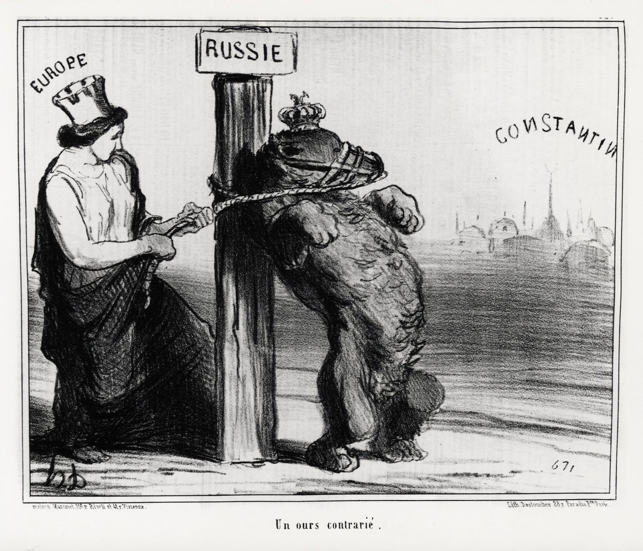 روسيا: دب مستاء (من أوروبا). في مارس 1854 ، شكلت فرنسا وإنجلترا تحالفًا مع تركيا ضد روسيا. رسم توضيحي بقلم هونوره دومير (1808-1879) ، نُشر في الأخبار ، "Charivari" بواسطة الشرف دومييه