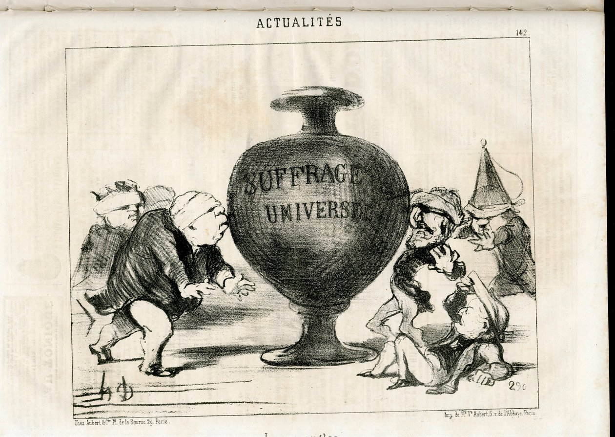 Satirical in N & B: News - President of the Republic, Universal Suffrage - Thiers Adolphe, Montalembert Charles de (1810-1870), Louis Matthieu Mole (1781-1855), Dupin Andre-Marie, dit Dupin aine (1783-1865) - Illustration by Honore Daumier (1808-1879) بواسطة الشرف دومييه