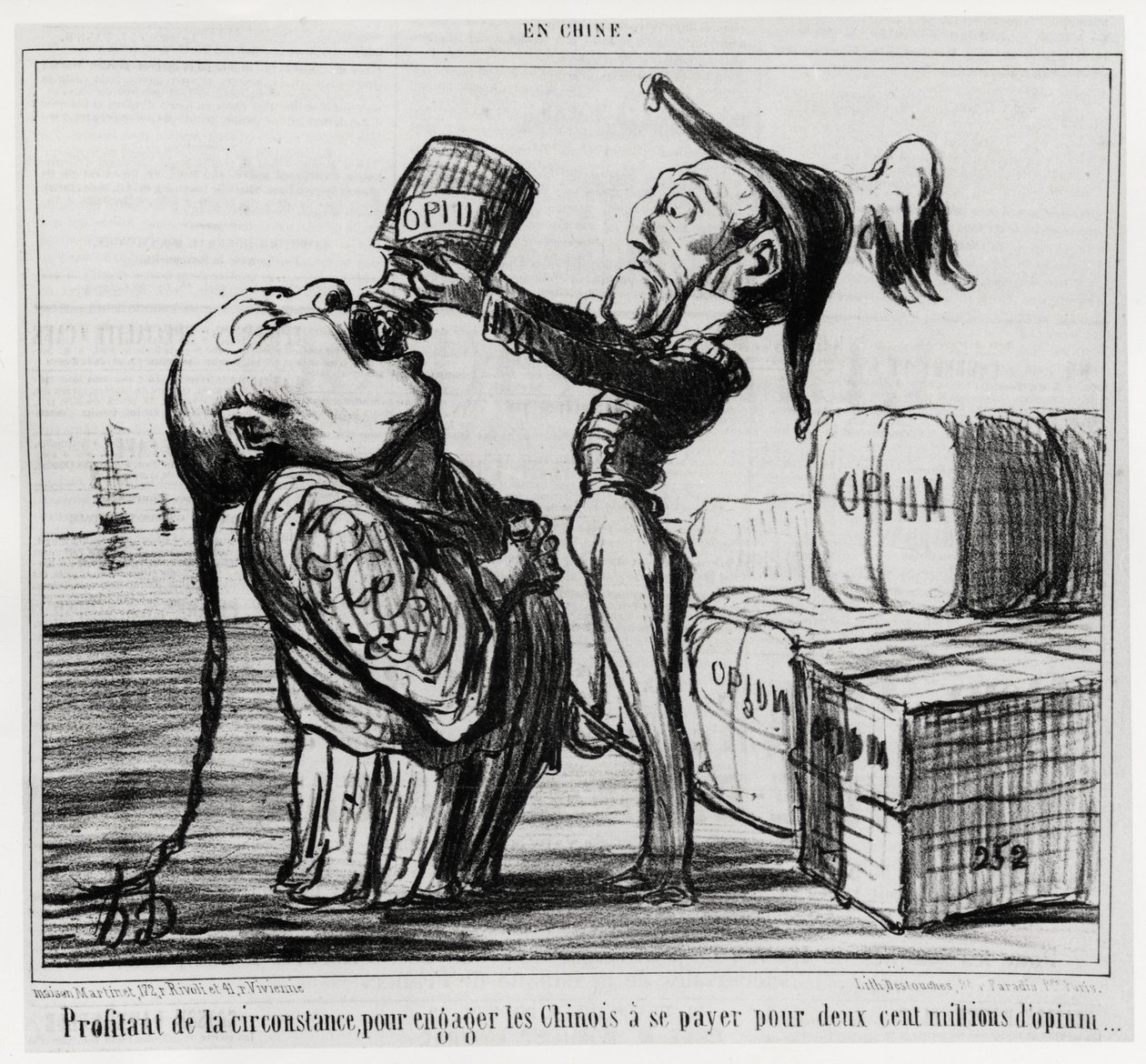 حرب الأفيون الثانية (1856-1860): في عام 1858 ، وافقت الحكومة الصينية على تقنين تجارة الأفيون. "" الاستفادة من الظروف لإقناع الصينيين بدفع مائتي مليون أفيون "، في سلسلة En Chine ، رسم توضيحي بواسطة Honore Daumier (1 بواسطة الشرف دومييه