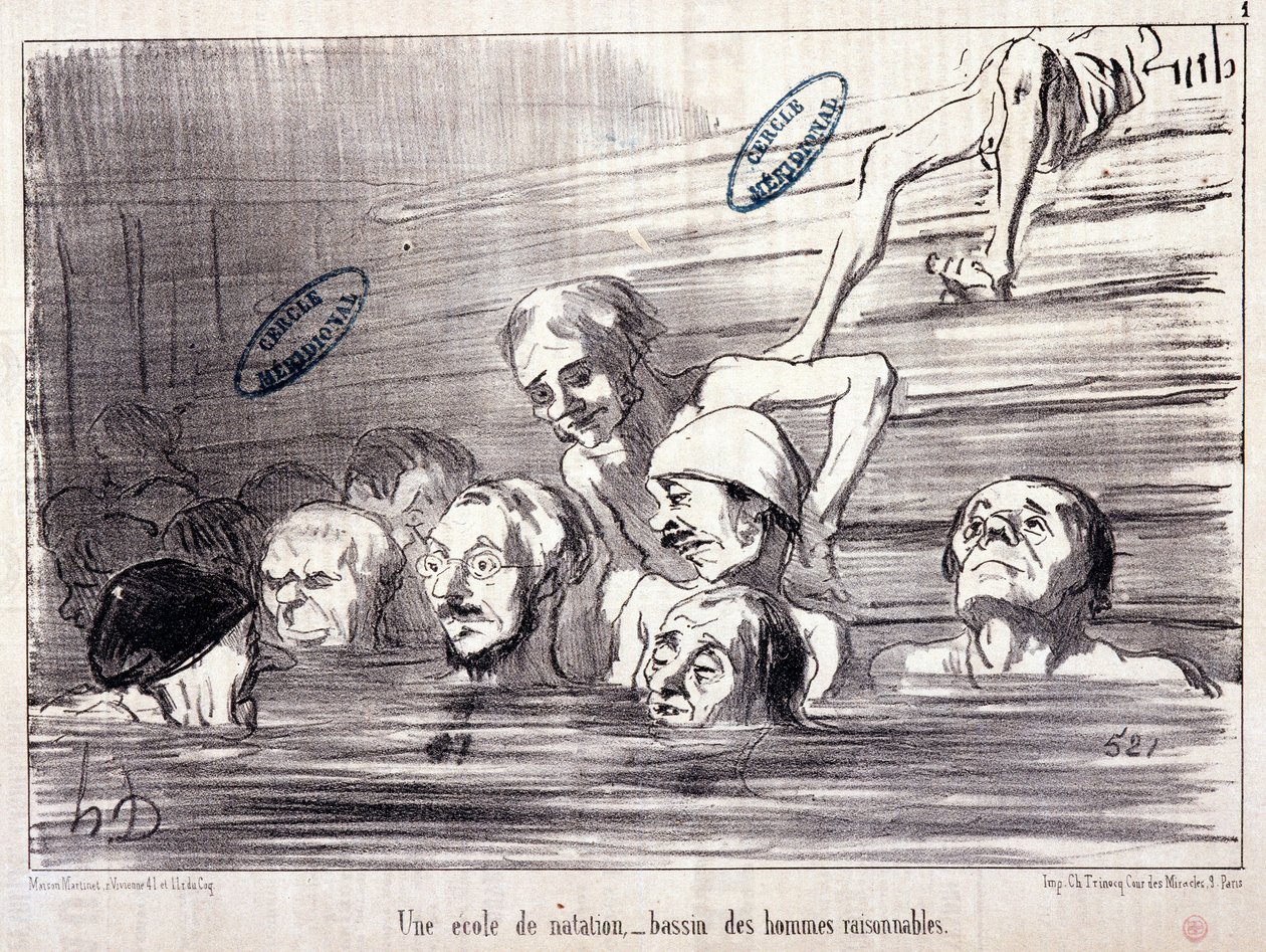 سلسلة "" Les Bains de Mer "": "" رسم مائي. مدرسة سباحة ، تجمع من الرجال العقلاء ". نقش هونور داوميير (1808-1879). مقتطف من جريدة "Le Charivari" " بواسطة الشرف دومييه