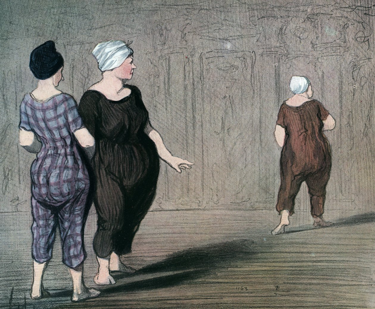 سلسلة "Les batheuses" "امرأتان ترتديان ملابس السباحة تفحصان قصة أخرى ، كاريكاتير من تأليف Honore Daumier (1808-1879) 1844 (السباحون: سيدتان ترتديان بدلة سباحة ، وتنظران إلى أعلى وأسفل عند خصر امرأة أخرى) مجموعة خاصة بواسطة الشرف دومييه