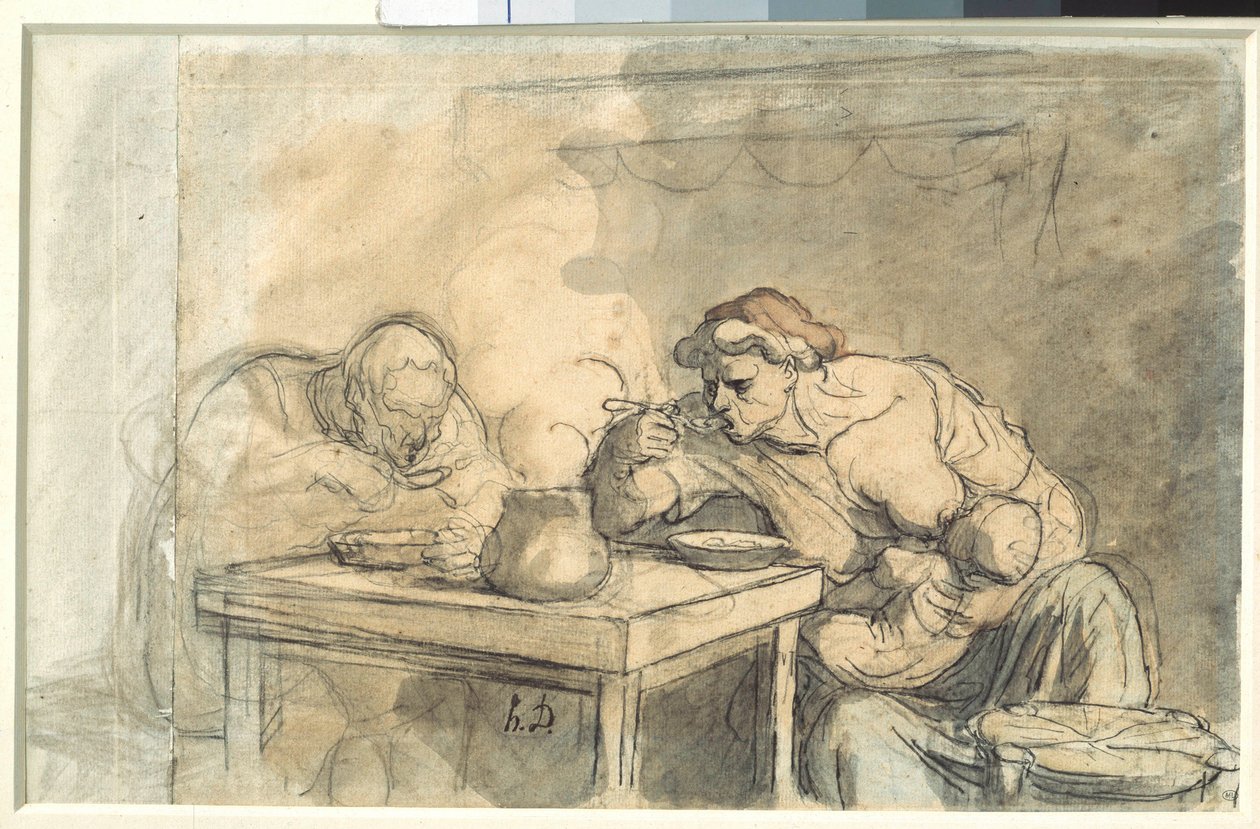 حساء اثنين من العمال يأكلون الحساء ، الأم ترضع الطفل. لوحة مائية من تصميم Honore Daumier (1808-1879). 1862-1865. خافت. 0،3 × 0،49 م. باريس ، متحف اللوفر بواسطة الشرف دومييه