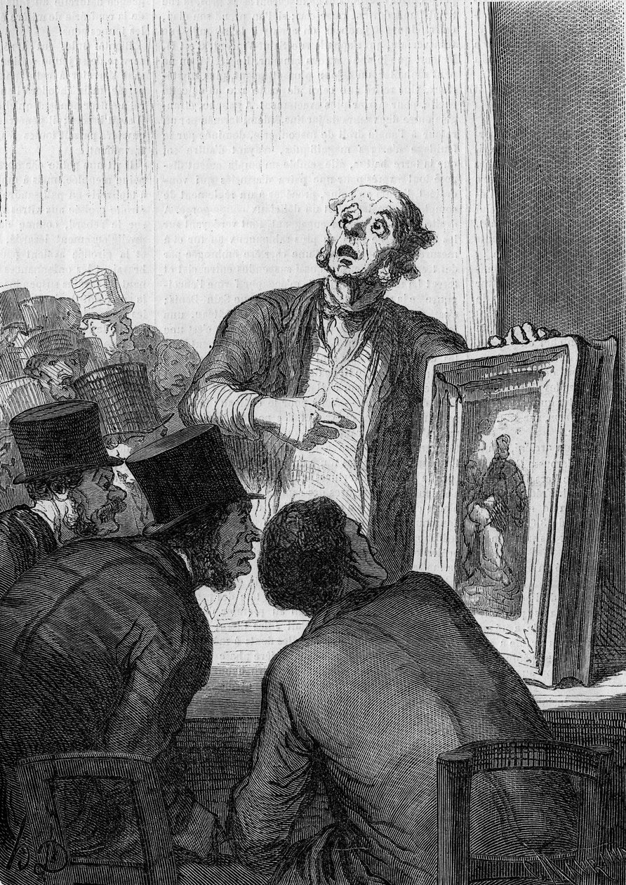 دار المزاد: الخبير الفني. رسم كاريكاتوري من قبل Honore Daumier (1808-1879). نقش في "" Le Monde Illustré "" رقم 308 بتاريخ 7 مارس بواسطة الشرف دومييه
