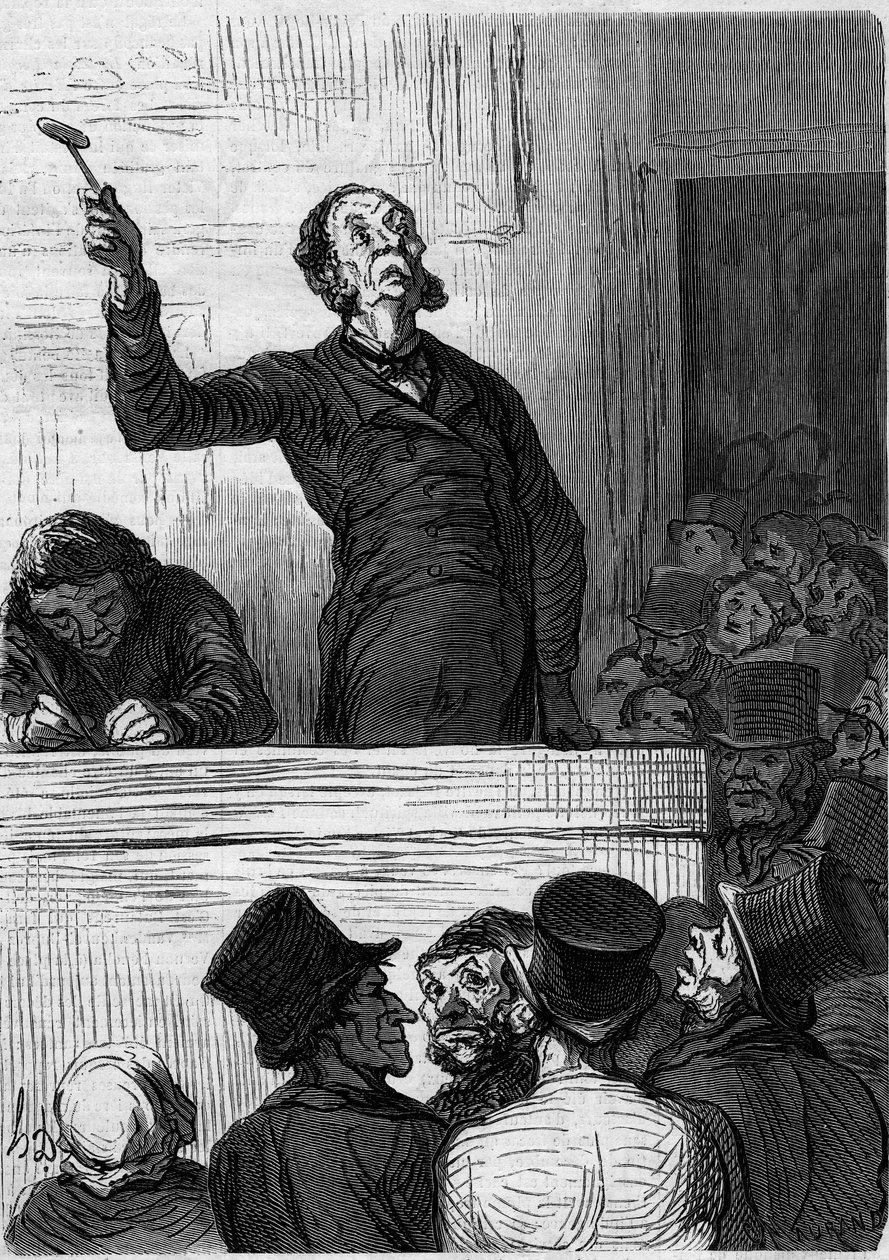 دار المزاد: الدلال (الدلال). كارتون من قبل هونور دومير (1808-1879). نقش في "" Le Monde Illustré "" رقم 300 بتاريخ 10 يناير بواسطة الشرف دومييه