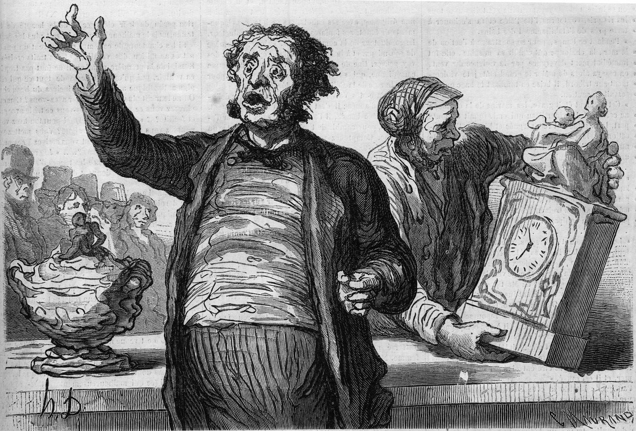 فندق الدلالين: البكاء العام. كارتون من قبل هونور دومير (1808-1879). نقش في "" Le Monde Illustré "" رقم 551 بتاريخ 2 يناير بواسطة الشرف دومييه