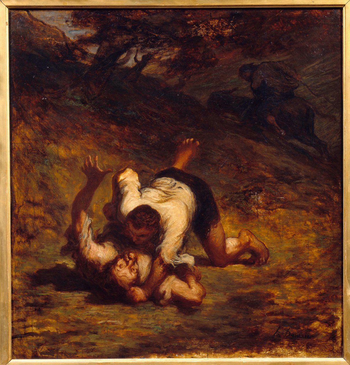 لصوص وحمار. رسم توضيحي لحكاية جان دي لافونتين. اللوحة التي رسمها هونور دومير (1808-1879) بواسطة الشرف دومييه