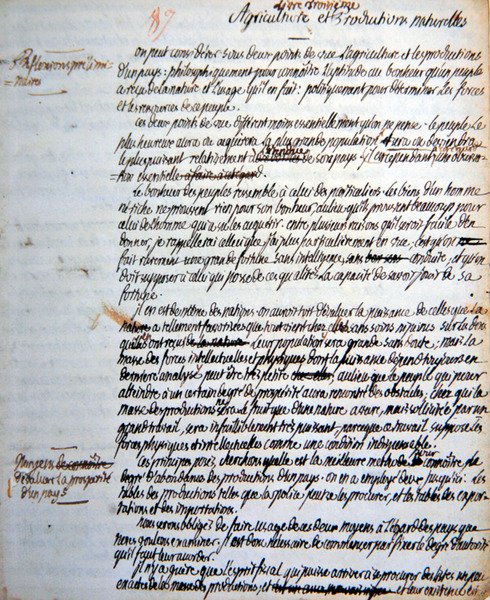 صفحة من أطروحة ميرابو حول التنظيم الزراعي والاقتصادي والعسكري للنظام الملكي البروسي "De la Monarchie Prussienne" (حبر على ورق) بواسطة هونور غابرييل دي كومت دي ميرابو ريكويتي