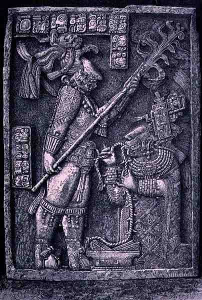 عتبة حجرية منحوتة من المعبد 23 ، Yaxchilan ، 726 م ، تظهر الحاكم Shield Jaguar وزوجته ، سيدة Xoc ، تجري طقوس إراقة الدماء ، من المدن القديمة في العالم الجديد ، بقلم كلود جوس بواسطة تكريم بعد تشابوي