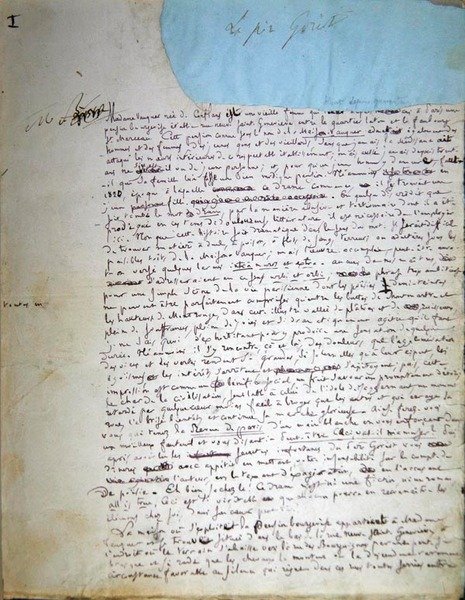 الصفحة الأولى من مخطوطة "Le Pere Goriot" (قلم وحبر على ورق) بواسطة Honore de Balzac