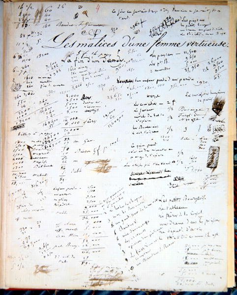 "Les Malices d'une femme Virteuse" ، صفحة حسابات من مخطوطة توقيع "آدم الباحث" ، ج .1824 (قلم وحبر على ورق) بواسطة Honore de Balzac
