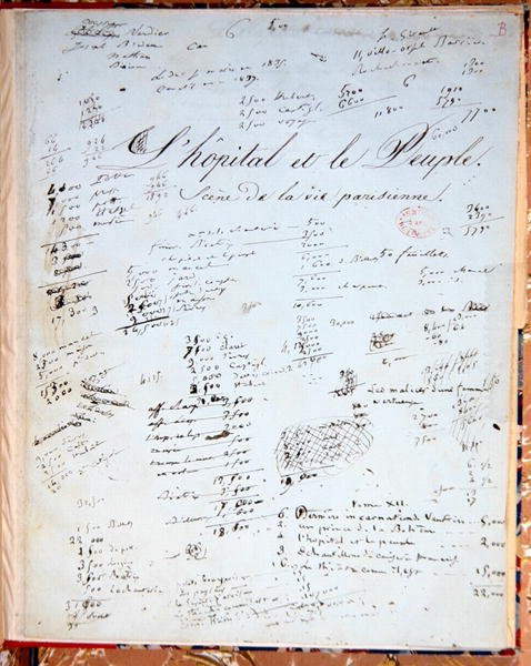 صفحة عنوان "المستشفى والأفراد" (قلم وحبر على ورق) بواسطة Honore de Balzac