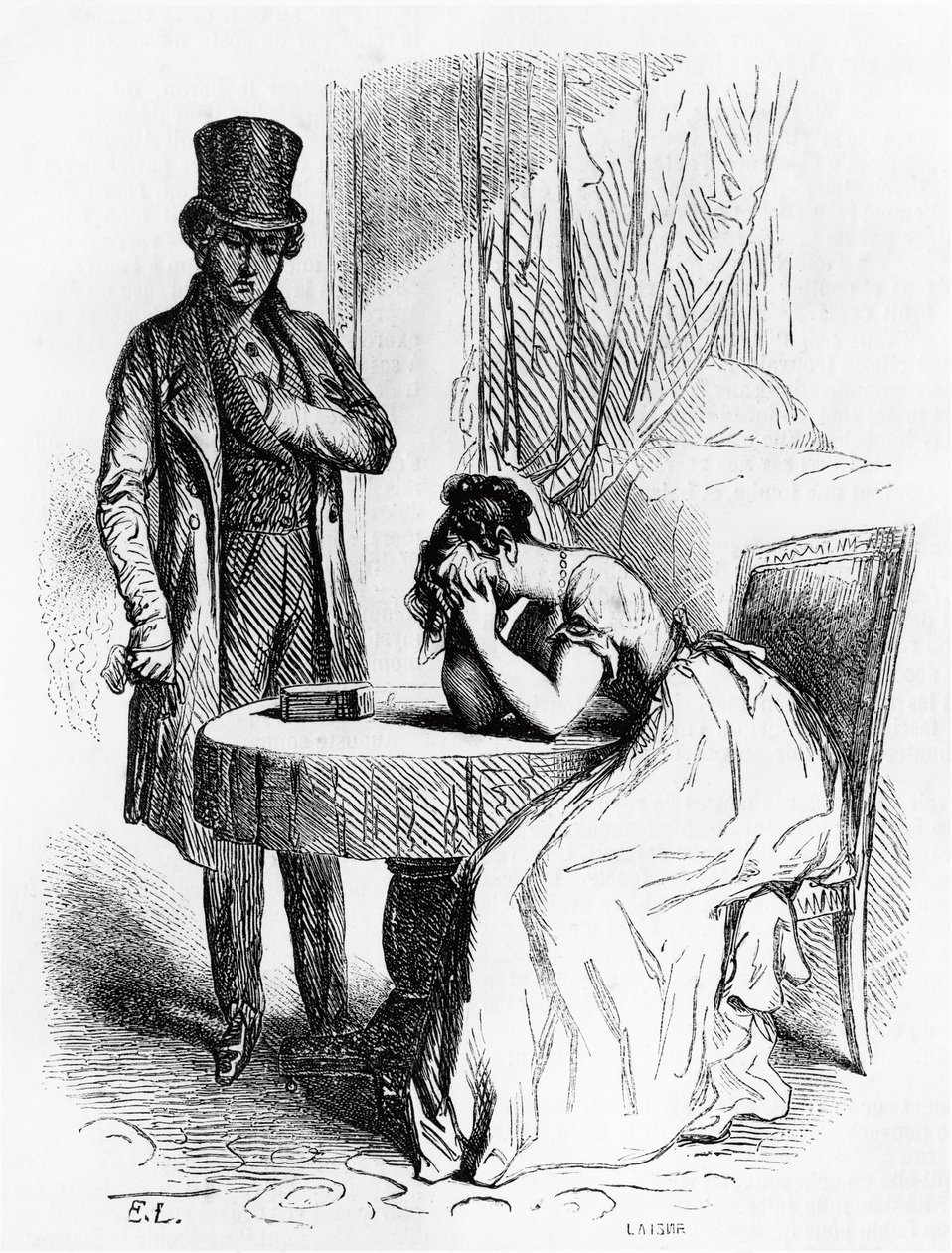 امرأة في حالة من اليأس تحت نظر الرجل ، رسم توضيحي من فيراجوس بواسطة هونور دي بلزاك (1799-1850) ، طبعة فرنسية بواسطة Honore de Balzac