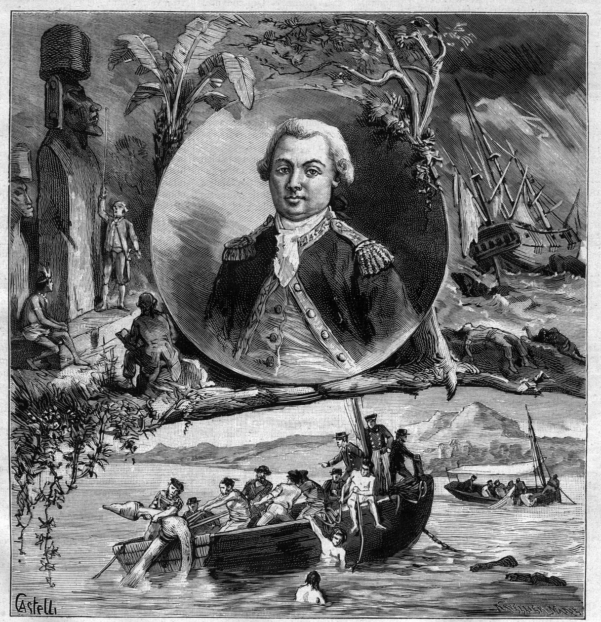 Le Centenaire de La Perouse (Jean Francois de Galaup Laperouse) - صورة شخصية لإحياء ذكرى وصوله إلى جزيرة إيستر 1786 وإيجاد الإسطرلاب بواسطة دومون دورفيل 1828. بواسطة هوراس (بعد) كاستيلي