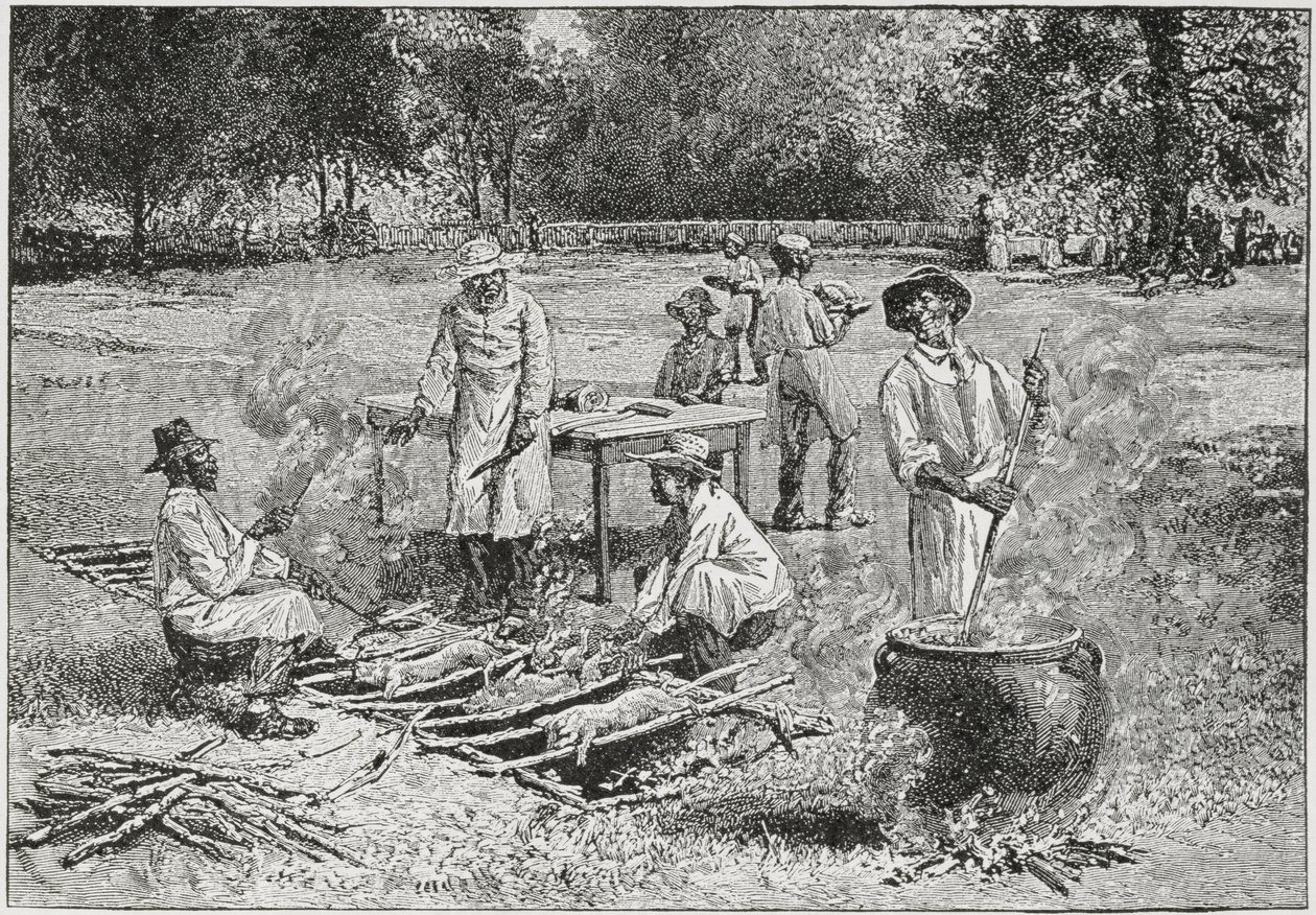 الشواء الجنوبي ، رسم توضيحي من "هاربر ويكلي" ، 1887 ، من "مسابقة أمريكا ، المجلد 3" ، بقلم رالف هنري غابرييل ، 1926 بواسطة هوراس برادلي