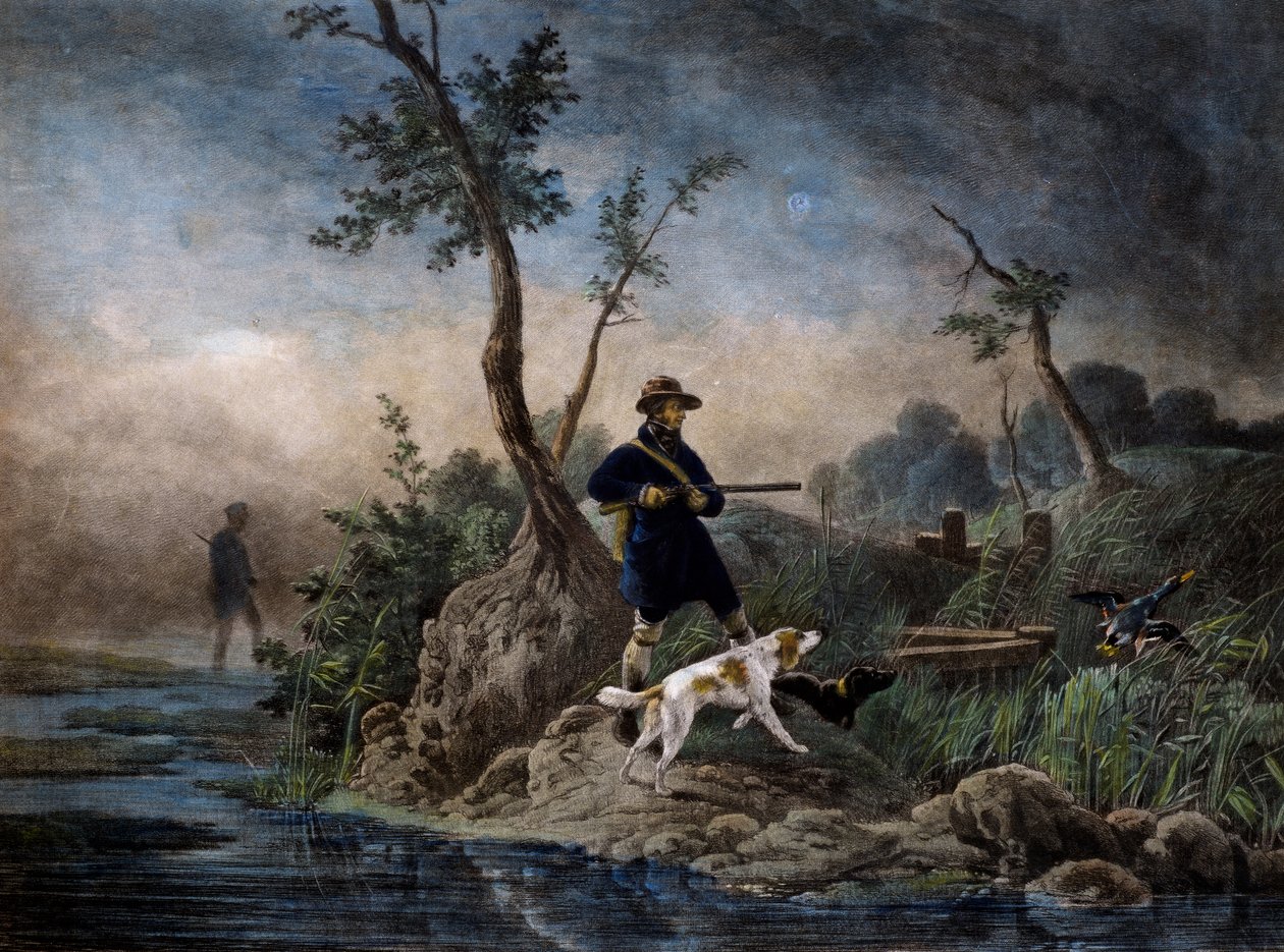 صيد البط في المستنقعات ، نقش يعتمد على الرسم بواسطة هوراس فيرنيه (1789-1863) بواسطة إميل جان هوراس فيرنيه