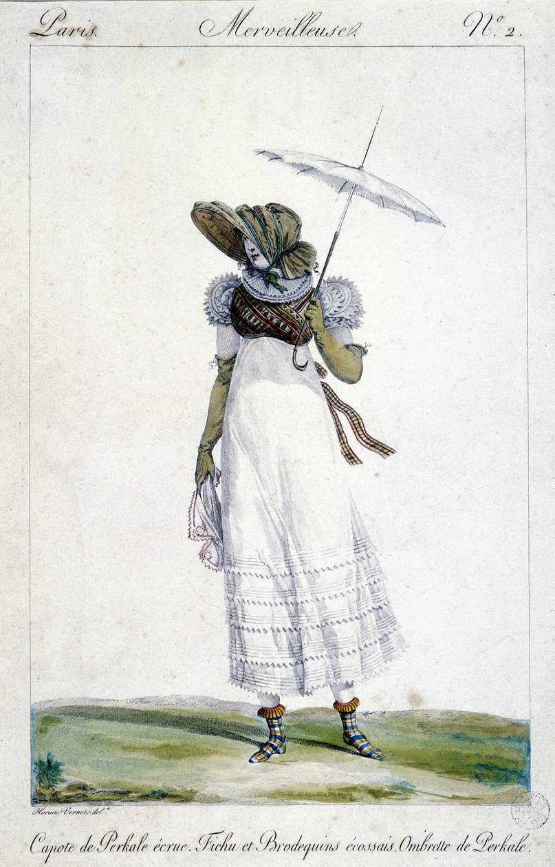 نقش على الموضة لهوراس فيرنيه (1789 - 1863) ، صنع حوالي عام 1810 لـ "رائع" ، يصور امرأة ترتدي مظلة من الصنوبر ، وتطريز دموي من الترتان ومظلة. بواسطة إميل جان هوراس فيرنيه