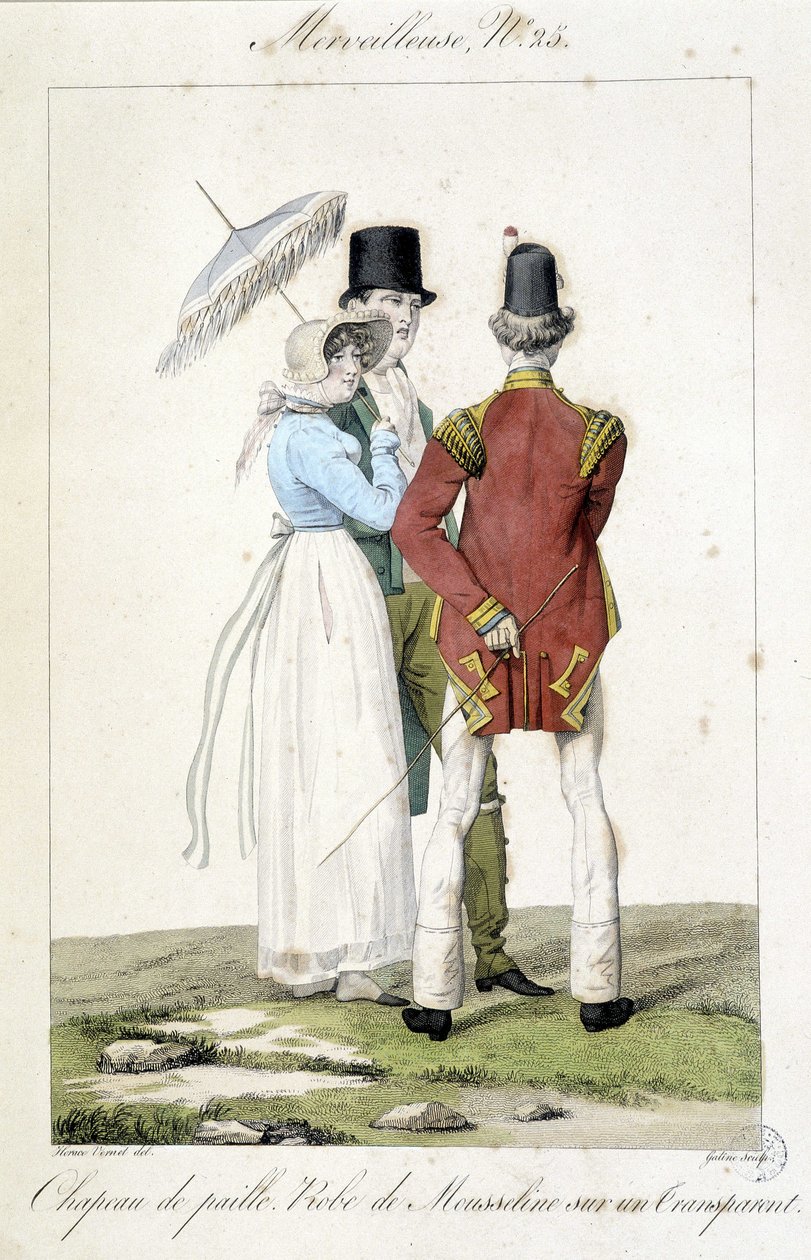 نقش على الموضة لهوراس فيرنيه (1789 - 1863) صنع حوالي عام 1810 للرقم 25 من “Marvelous” ، الذي يمثل الموضة الأنثوية (قبعة القش واللباس الشيفون) والمذكر. بواسطة إميل جان هوراس فيرنيه