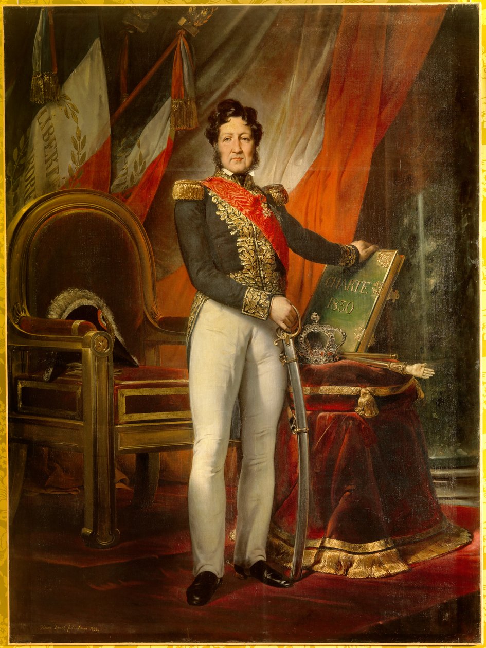 Portrait en pied de Louis Philippe 1er (1773-1850) ، ملك فرنسا يحمل ميثاق 1830. الأعلام ذات الألوان الثلاثة خلف الملك تحمل شعار "Liberte Egalite Fraternite". لوحة لإميل جان هوراس فيرنيه (1789-1863) بواسطة إميل جان هوراس فيرنيه