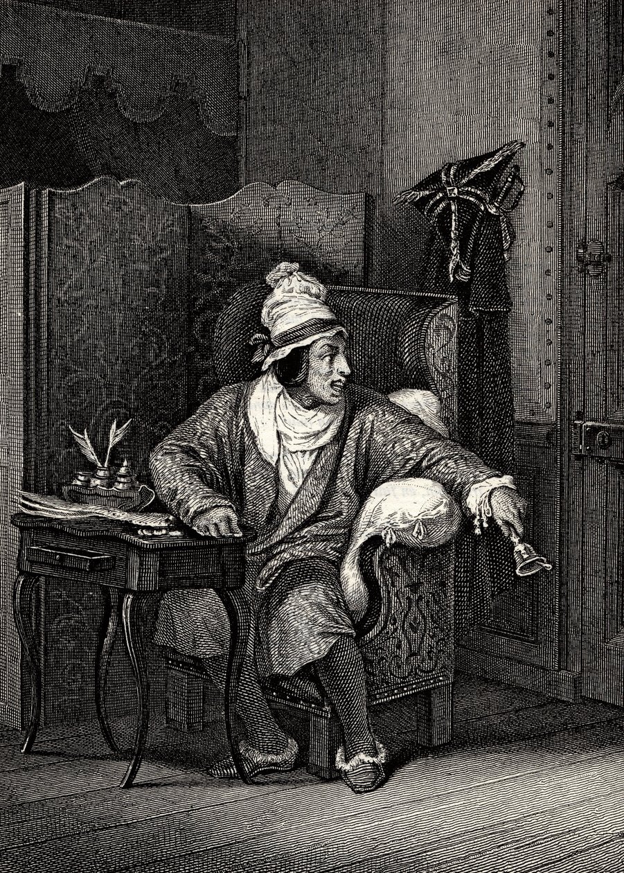 مشهد من The Imaginary Invalid by Moliere ، بواسطة Horace Vernet ، نقش - Le Malad imaginaire بواسطة Jean-Baptiste Poquelin dit Moliere (1622-1673) بواسطة إميل جان هوراس فيرنيه