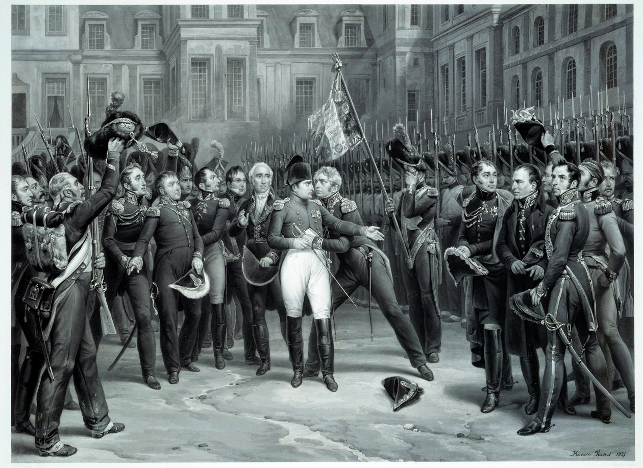 وداع نابليون بونابرت (1769-1821) للحرس الإمبراطوري في ساحة شوفال بلان في فونتينبلو 20/04/1814 نقش إميل فيرنيه ديت هوراس فيرنيه (1789-1863) 1814 باريس ، بي إن بواسطة إميل جان هوراس فيرنيه