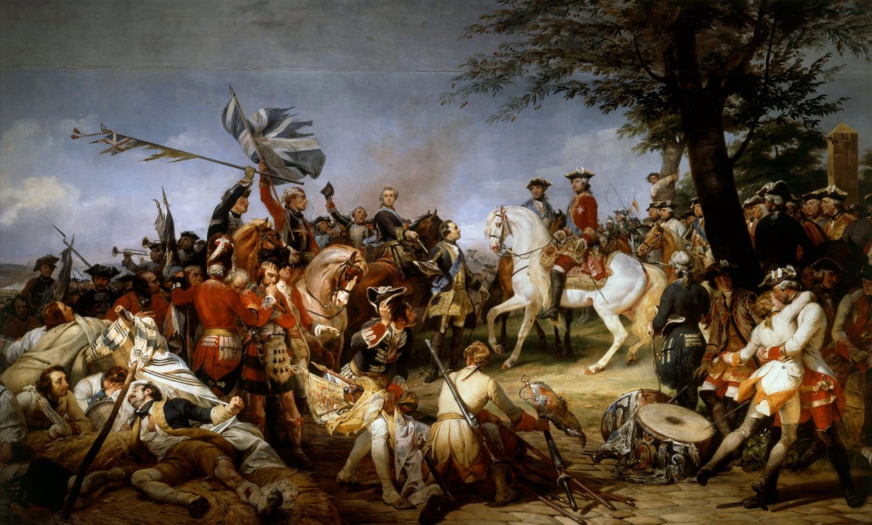 حرب خلافة النمسا (1740-1748): "" معركة Fontenoy 11/05/1745 ؛ قدم ماريشال ساكسونيا إلى لويس الخامس عشر السجناء والأعلام الإنجليزية "" لوحة رسمها إميل هوراس فيرنيه (1789-1863) 1828 صن. 5،1x9،75 م بواسطة إميل جان هوراس فيرنيه