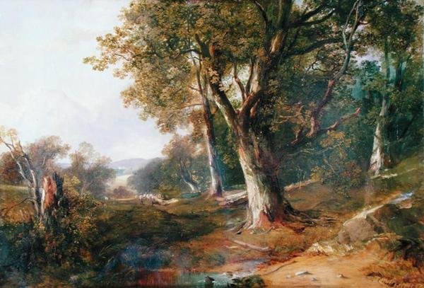 منظر طبيعي مشجر مع قلعة في المسافة حوالي عام 1865 (زيت على قماش) بواسطة هوراشيو مكولوتش