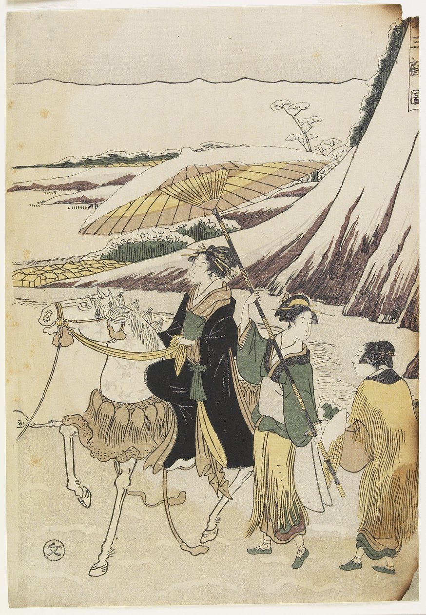 ثلاث نساء يسافرن عبر واد ، 1794-96 (طبعة خشبية ملونة) بواسطة Hosoda Eiri