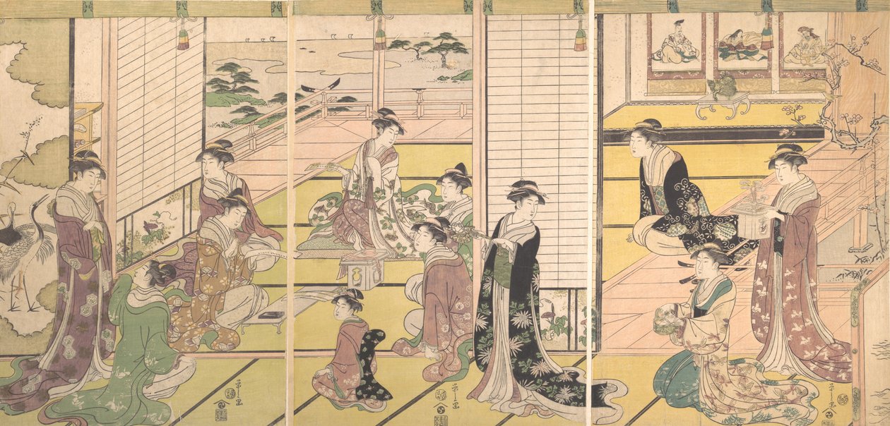 تكريم آلهة الشعر الثلاثة: النساء يؤلفن القصائد ، كاليفورنيا. 1792. بواسطة Hosoda eisi