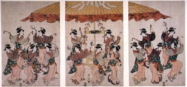 رقصة سوميوشي ، بالثلاثي ، حوالي 1791 (طباعة خشبية ملونة) بواسطة Hosoda eisi