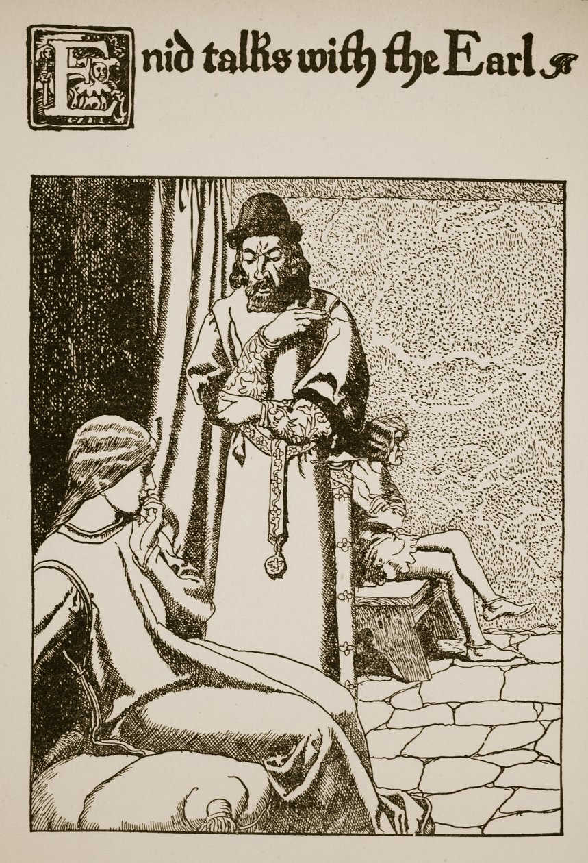 محادثات إنيد مع إيرل ، رسم توضيحي من "قصة الكأس وتمرير آرثر" ، ج .1910 بواسطة هوارد بايل