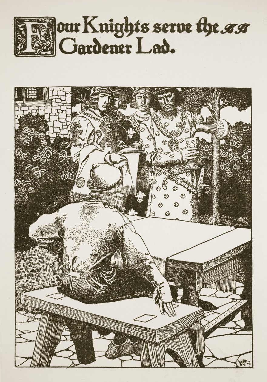 يخدم أربعة فرسان البستاني لاد ، التوضيح من "قصة الملك آرثر وفرسانه" ، 1903 بواسطة هوارد بايل