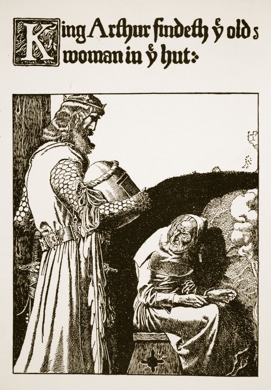يجد الملك آرثر عجوزك في كوخك ، توضيح من "قصة الملك آرثر وفرسانه" ، 1903 بواسطة هوارد بايل