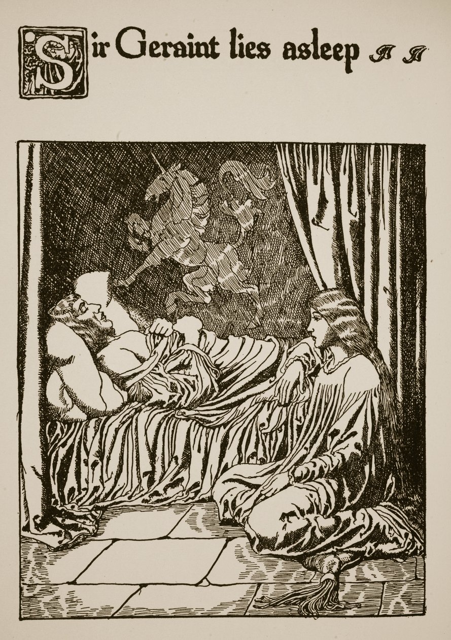 يرقد السير غيرانت نائماً ، رسم توضيحي من "قصة الكأس وتمرير آرثر" ، ج .1910 بواسطة هوارد بايل