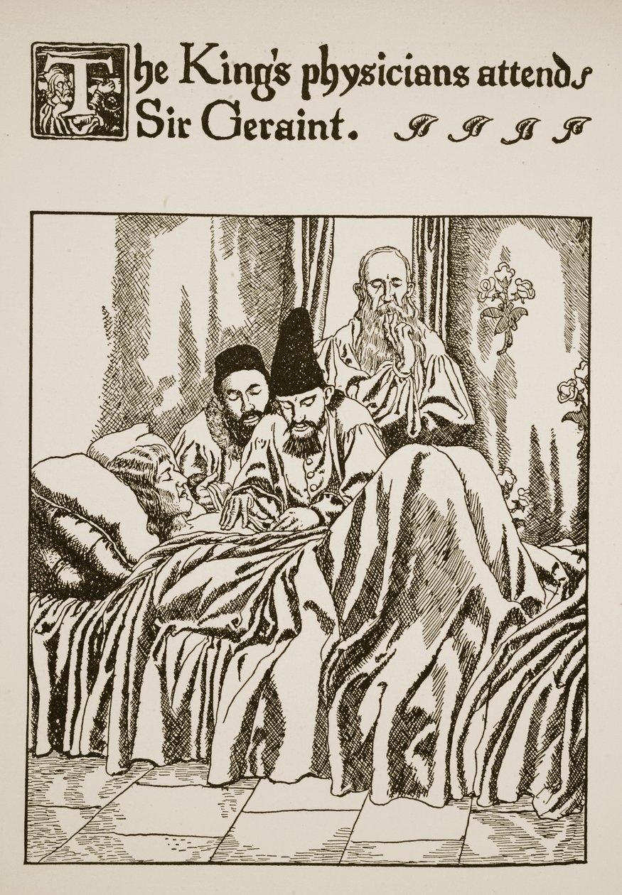 يحضر أطباء الملك السير جيراينت ، رسم توضيحي من "قصة الكأس وتمرير آرثر" ، ج .1910 بواسطة هوارد بايل