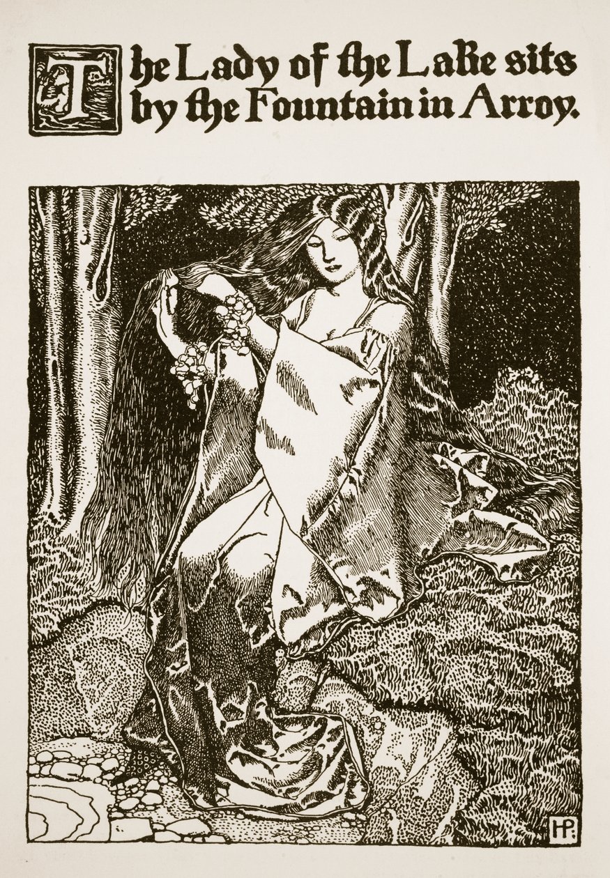 سيدة البحيرة تجلس بجانب النافورة في أروي ، رسم توضيحي من "قصة الملك آرثر وفرسانه" ، 1903 بواسطة هوارد بايل