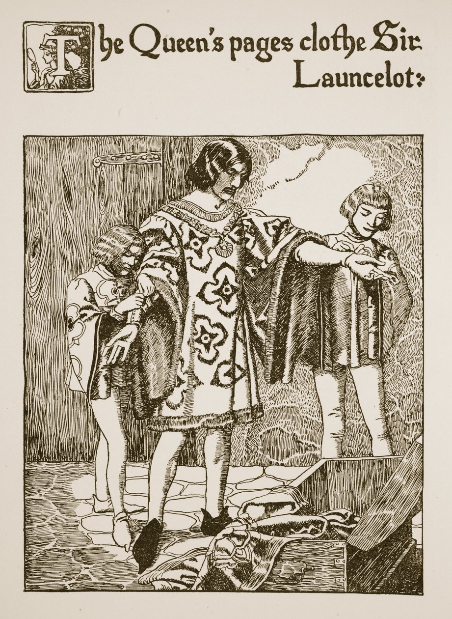 صفحات الملكة تلبس السير لونسلوت ، رسم توضيحي من "قصة الكأس وتمرير آرثر" ، ج .1910 بواسطة هوارد بايل