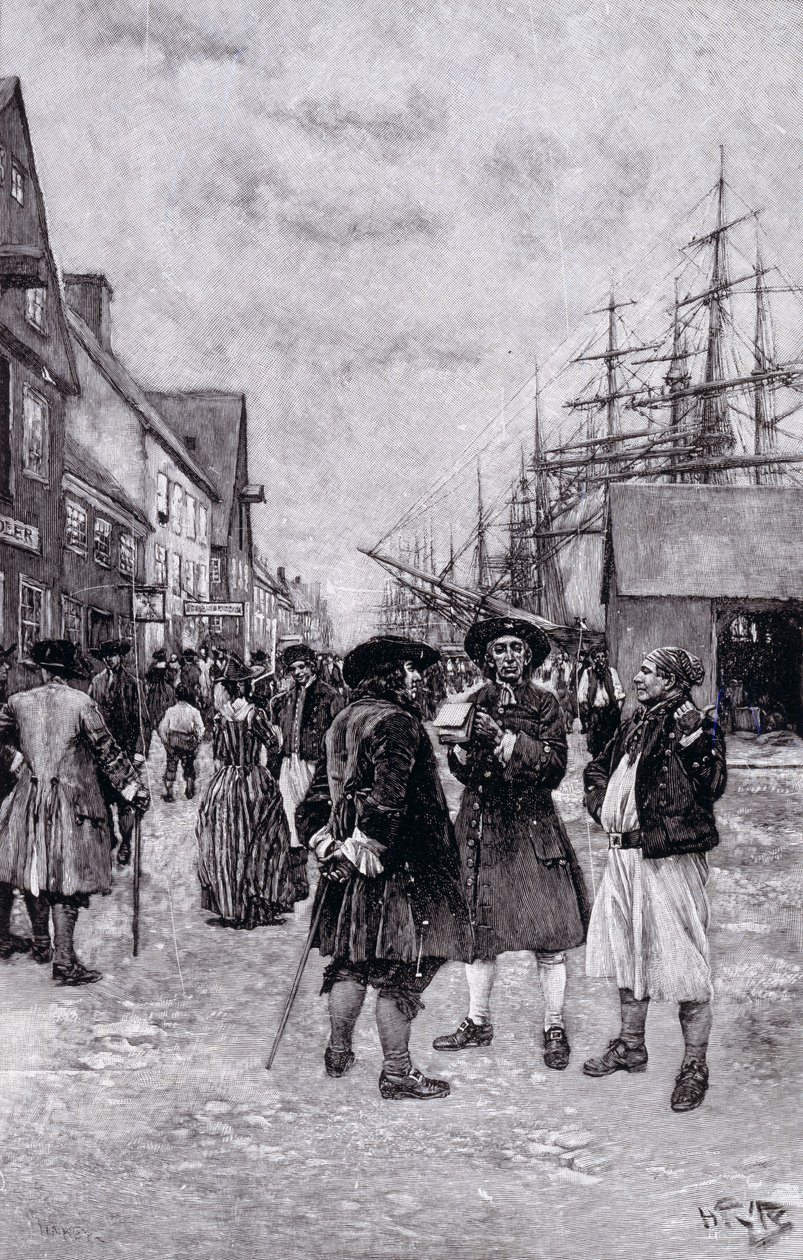 على طول الواجهة المائية في نيويورك القديمة ، رسم توضيحي من "The Evolution of New York" بواسطة Thomas A. Janvier ، حانة. في مجلة هاربر بواسطة هوارد (بعد) بايل